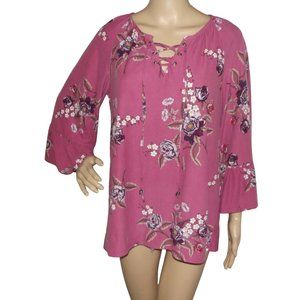Lee Blouse Size Medium Pink Floral Print V-Neck top shirt boho peasant lace-up